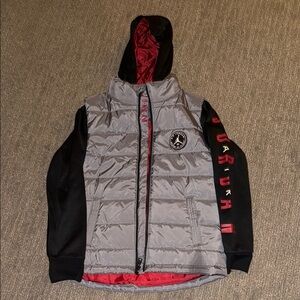 Kids Air Jordan Gray, Black, and Red Hoodie Vest Jacket Sz L